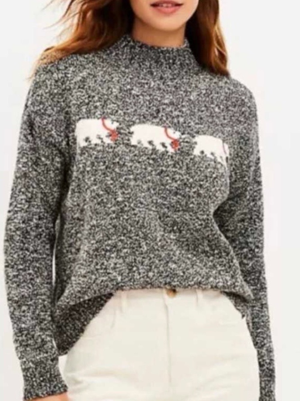 Loft Black White Grey 3 Polar Bears Red Scarf Chunky Mock Neck Sweater L fits SM